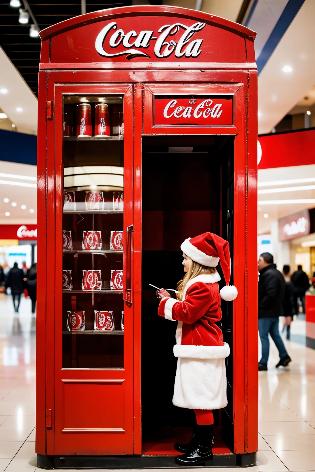 People in a shopping mall. A Coca-Cola branded phone booth with a person inside making a call to Santa.