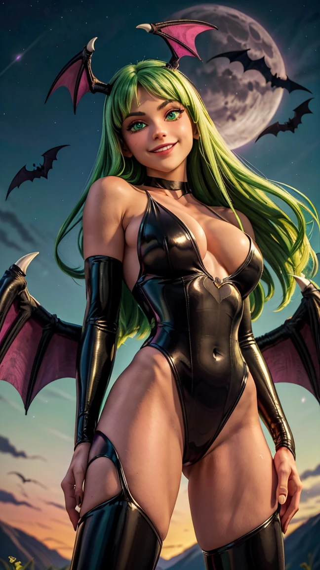 morrigan, cute smile, (beautiful bright green eyes), (long green straight hair, bangss), (head wings), (black latex collant, bare shoulders, heart cutout on navel), necklase, (bright pink pantyhose, bat print), bat wings on the back, (bright pink bridal gauntlets, white fur lining), (looking ahead at viewer), (dark moonlit sky background)