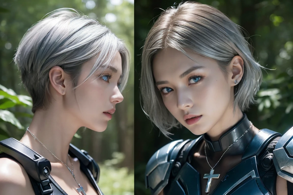 Cinema Lighting、highest quality,Cyberpunk World、1 female、(Beautiful 20 year old woman、Beautiful facial detail 、short hair、Shoulder-length hair、blue eyes:1.4)break,Medium Hair、(vivid Shiny BLUEヘアカラー:1.6)
break
(A perfect dark black leather battle suit、The joints have corners:1.3), (Silver Cross Necklace:1.3)、break.(Grey Hair)
(In the forest、Open Terrain、Daytime:1.2)break(Portrait Angle)