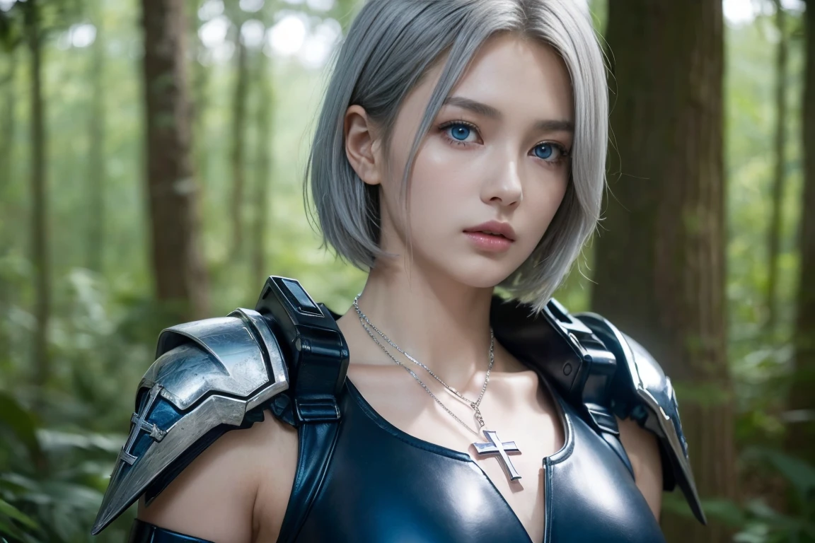 Cinema Lighting、highest quality,Cyberpunk World、1 female、(Beautiful 20 year old woman、Beautiful facial detail 、short hair、Shoulder-length hair、blue eyes:1.4)break,Medium Hair、(vivid Shiny BLUEヘアカラー:1.6)
break
(A perfect dark black leather battle suit、The joints have corners:1.3), (Silver Cross Necklace:1.3)、break.(Grey Hair)
(In the forest、Open Terrain、Daytime:1.2)break(Portrait Angle)