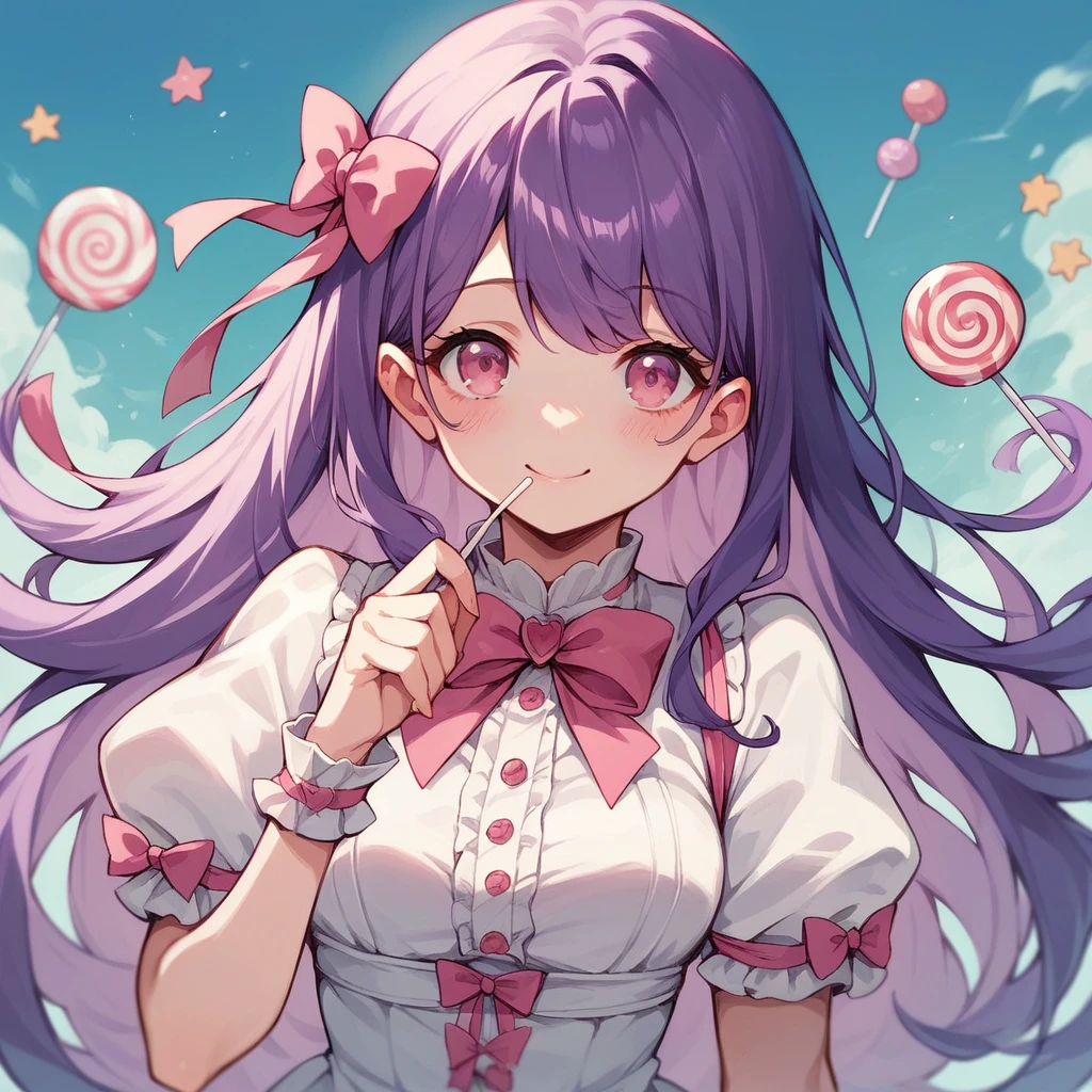 girl, beautiful girl, purple hair with blue gradient, long hair, pink eyes, cute pink-white outfit, smile, little blush, pink ribbon, candy and cute background