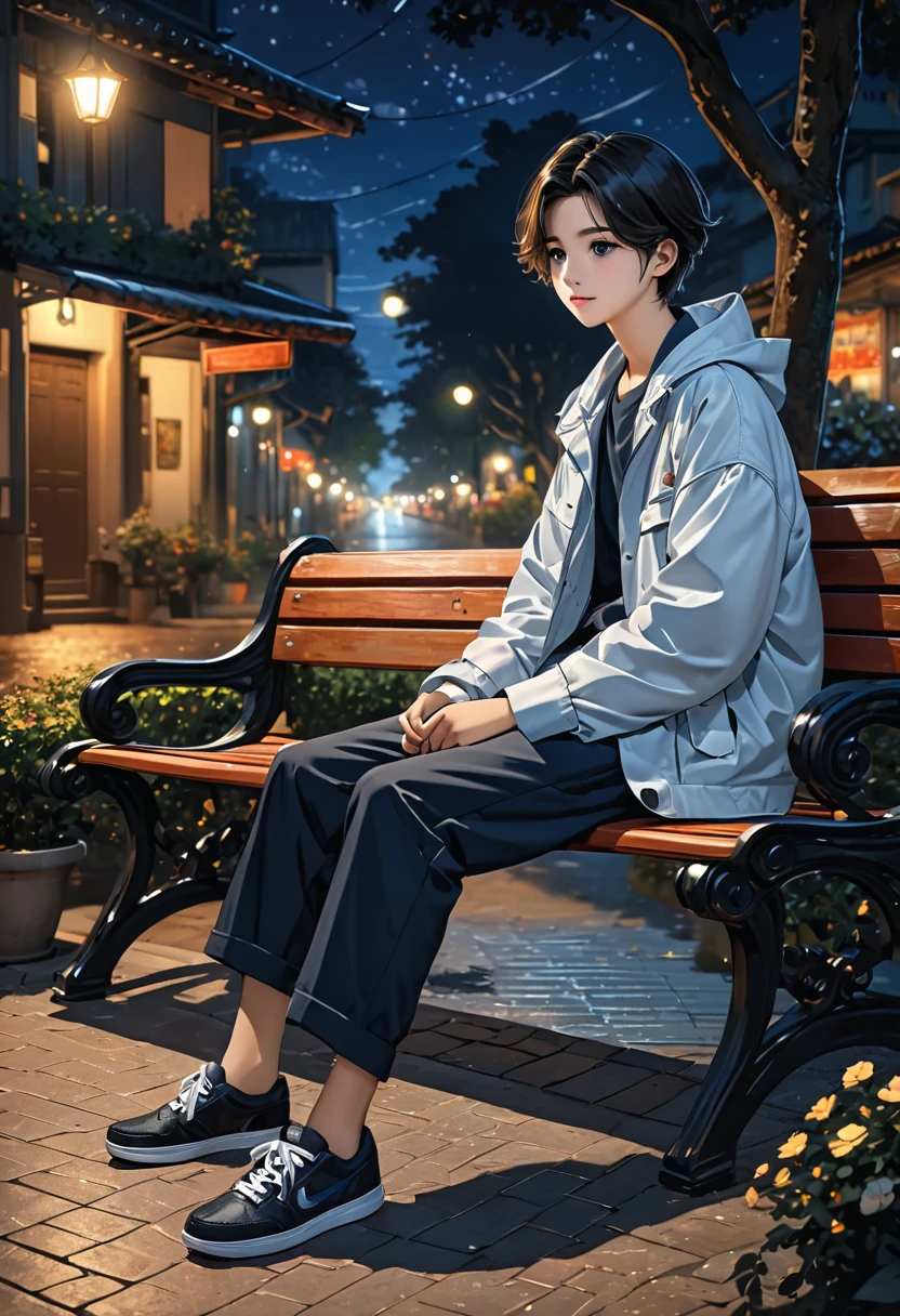 work of art, (absurderes, high resolution, ultra detaild), 1 young boy, and one sitting on a bench at night. She&#39;s crying, She has short hair with blue tips. The boy