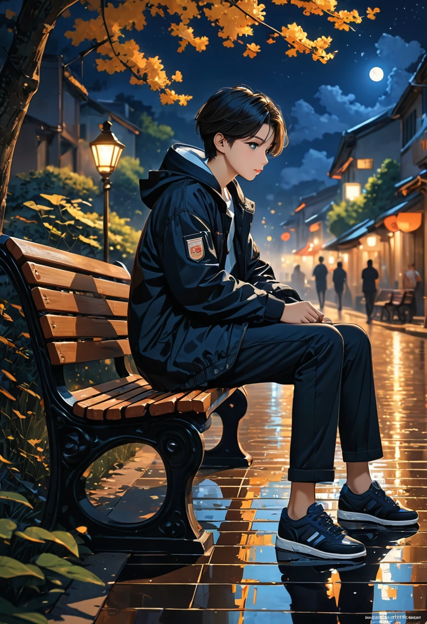 work of art, (absurderes, high resolution, ultra detaild), 1 young boy, and one sitting on a bench at night. She&#39;s crying, She has short hair with blue tips. The boy