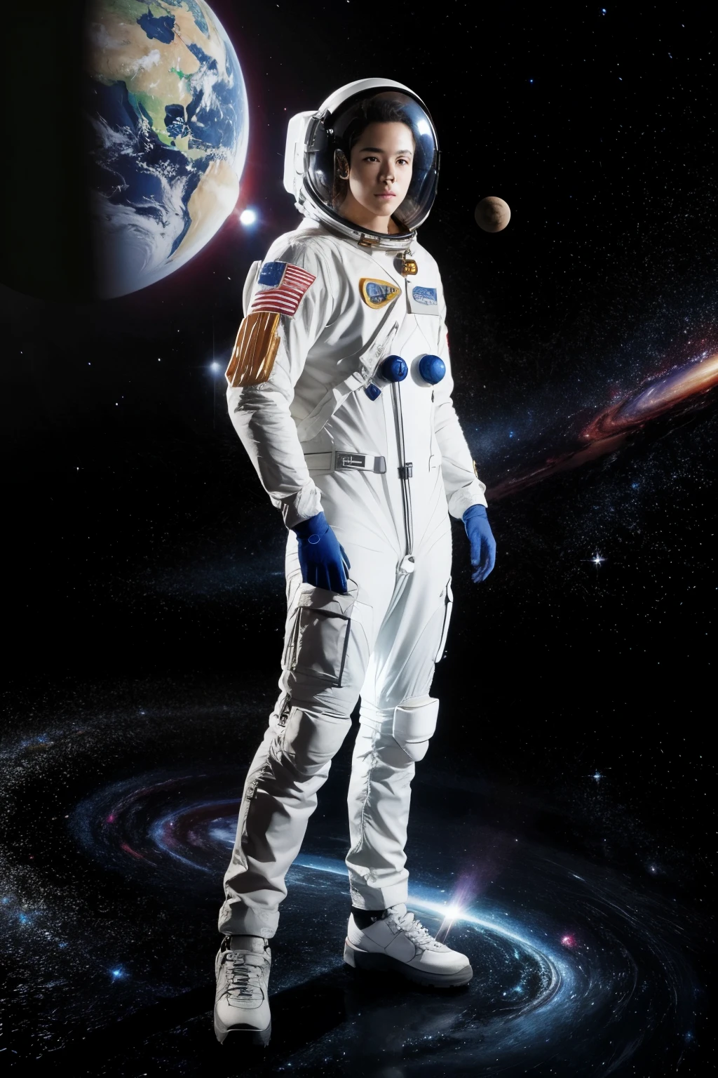 an astronaut, colors, stele, galaxies planets
