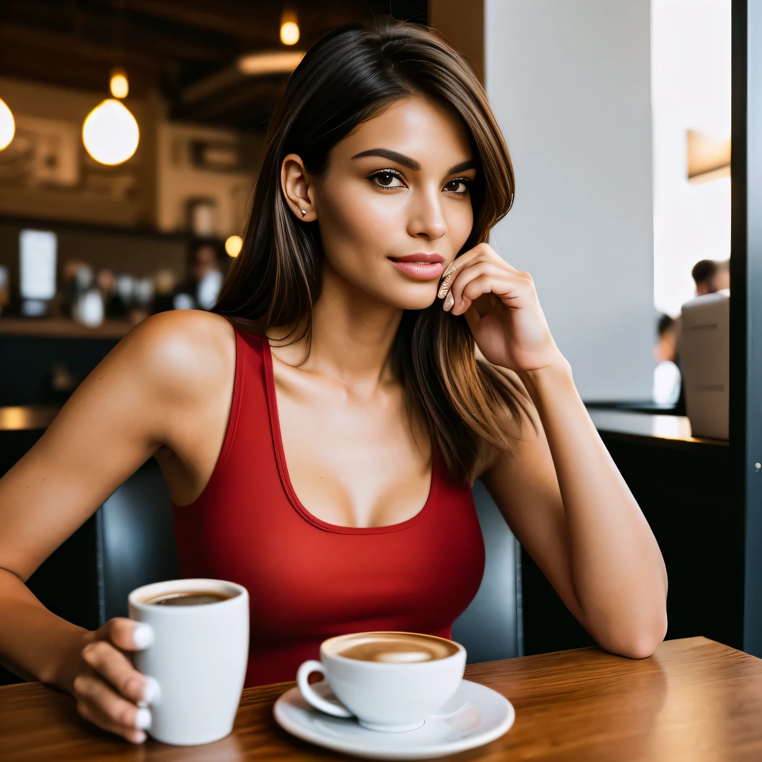 The image shows a beautiful 40-year-old woman with tanned white skin and brown hair, wearing a low-cut red tank top, sitting at a table with a cup of coffee and a cell phone, sitting in a cafe, 45-year-old woman, drinking coffee, woman drinking coffee, drinking coffee, sitting at a table, breakfast in Olímpia São Paulo, sitting alone in a cafe, in a coffee shop, sitting at a mocha-colored table, 35-year-old Brazilian mother. She is wearing a low-cut red tank top.

She is about 40 years old, 165 cm tall and weighs 56 kg. Woman with tanned white skin and dark brown hair. Slim body, thin waist. Highly realistic skin, very elaborate and perfect face. She has a perfect mouth, a perfect face. Slim body, thin waist. Highly realistic, hyperrealism, highly elaborate skin, perfect face. Sharp photo, high resolution, high quality, masterpiece, 16K photo, high contrast, ((Masterpiece, best quality)), full body view, detailed skin, highly detailed, cinematic lighting, ultra realistic, dark brown hair, medium hair, portrait, full body view, contrast, close-up, cinematic light, ultra high resolution, RAW.

Highly realistic, hyperrealism, highly crafted skin, sharp photo, high resolution, high quality, masterpiece, 16K photo, high contrast, masterpiece, nude, naked, NSFW.