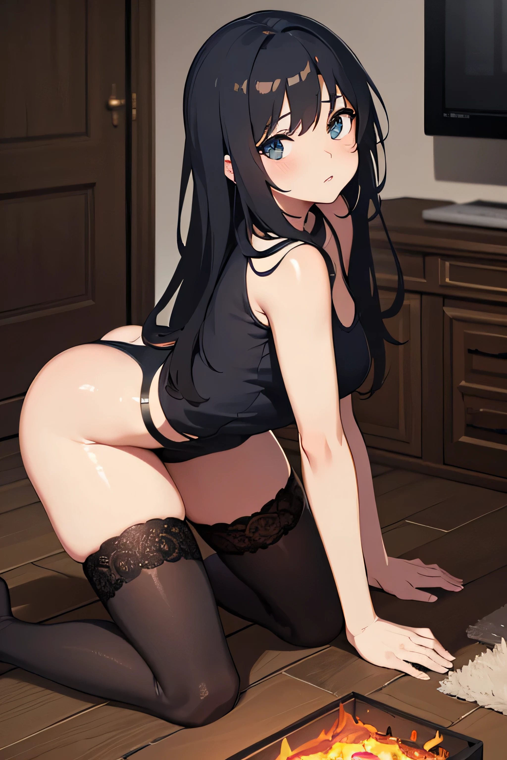 high definition, detailed, shiny, dark skin , gorgeous Innocent girl wearing thigh-high stockings with thick behind. The innocent girl is bending over blushing in a flustered way. big room with furniture and fire place.
2. Create an Anime style piece inspired by with fine lines and high detail.
3.Using Ai generated algorithm to create a luminescent background of a cluttered bedroom thats in a realistic setting.
4. Redifine the full Image to look hyper realistic with sharp lines and high resolution.
5. Redifine the Image using Ai algorithm to make the image photo have beautiful dark to light detail