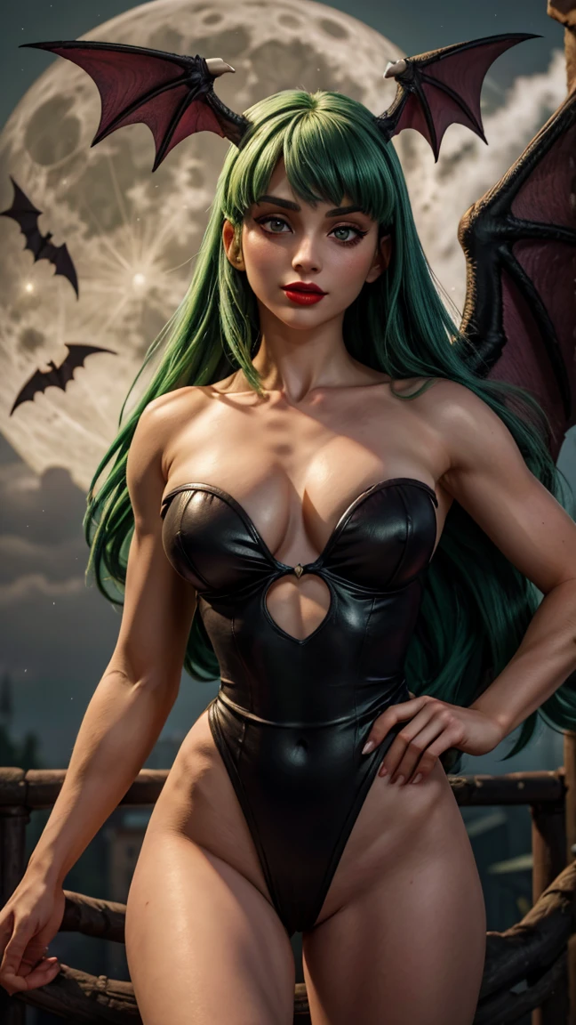 1 girl. morrigan, with bat wings on his back and head, Long green hair, strapless sexual black leotard, full moon behind her, sigh, Red lips, impressionism, Artwork, super verbose, high resolution, 8k
