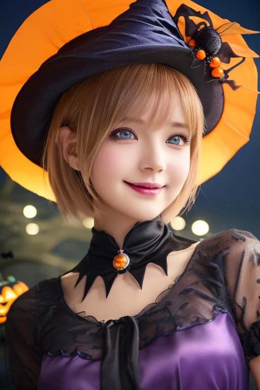((from below,upper body),a 22 years old girl, detailed cutie face, beautiful detailed eyes, detailed dropped eyes, beautiful charming smile, extremely detailed face,slender,short hair,anime style, halloween costume:2.0), Highres fix,colorful lights, pumpkin decorations, haunted house, best quality, 4k, highres, masterpiece, realistic, photorealistic, photo-realistic, vivid colors, intricate details, fantasy, soft lighting, magical