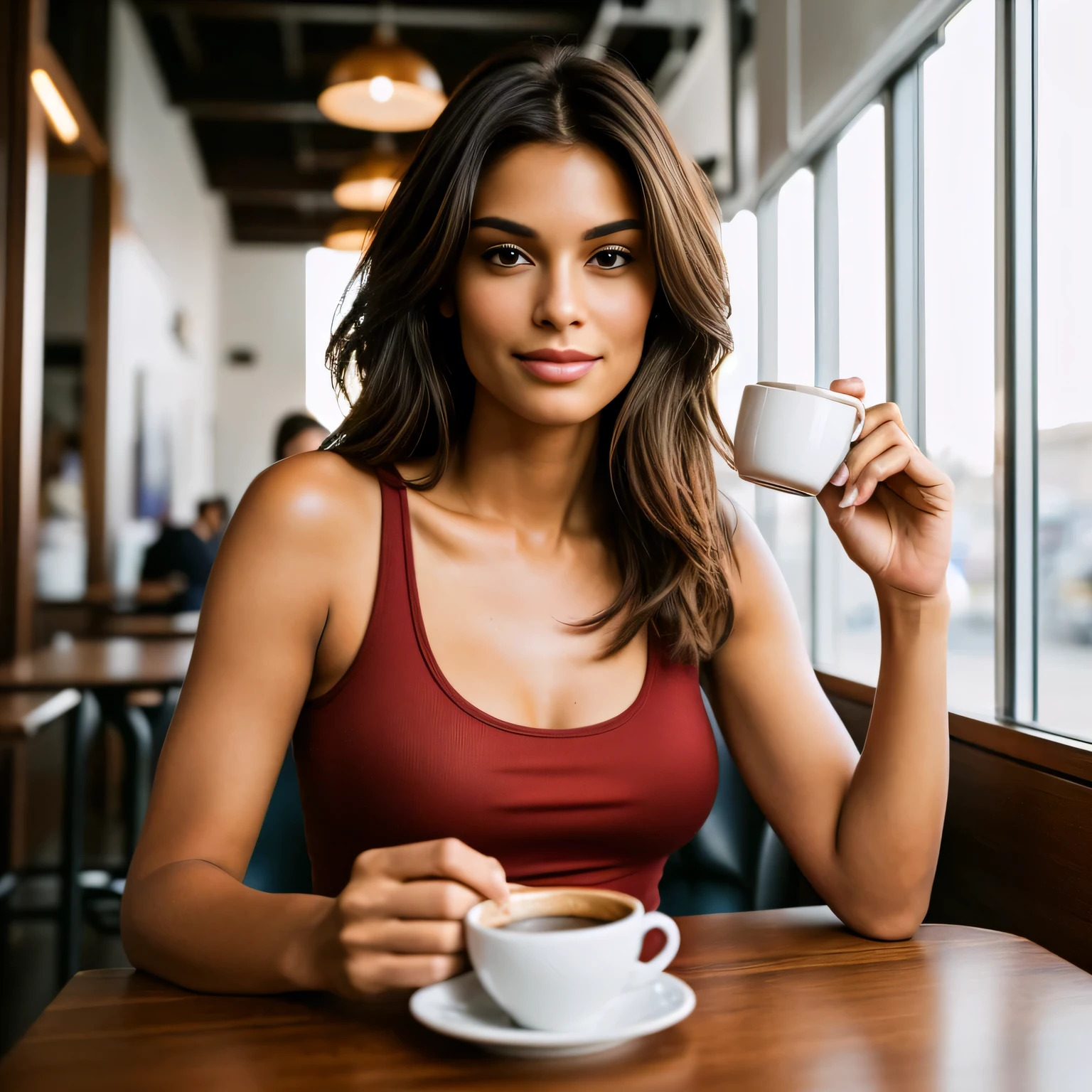 The image shows a beautiful 40-year-old woman with tanned white skin and brown hair, wearing a low-cut red tank top, sitting at a table with a cup of coffee and a cell phone, sitting in a cafe, 45-year-old woman, drinking coffee, woman drinking coffee, drinking coffee, sitting at a table, breakfast in Olímpia São Paulo, sitting alone in a cafe, in a coffee shop, sitting at a mocha-colored table, 35-year-old Brazilian mother. She is wearing a low-cut red tank top.

She is about 40 years old, 165 cm tall and weighs 56 kg. Woman with tanned white skin and dark brown hair. Slim body, thin waist. Highly realistic skin, very elaborate and perfect face. She has a perfect mouth, a perfect face. Slim body, thin waist. Highly realistic, hyperrealism, highly elaborate skin, perfect face. Sharp photo, high resolution, high quality, masterpiece, 16K photo, high contrast, ((Masterpiece, best quality)), full body view, detailed skin, highly detailed, cinematic lighting, ultra realistic, dark brown hair, medium hair, portrait, full body view, contrast, close-up, cinematic light, ultra high resolution, RAW.

Highly realistic, hyperrealism, highly crafted skin, sharp photo, high resolution, high quality, masterpiece, 16K photo, high contrast, masterpiece, nude, naked, NSFW.