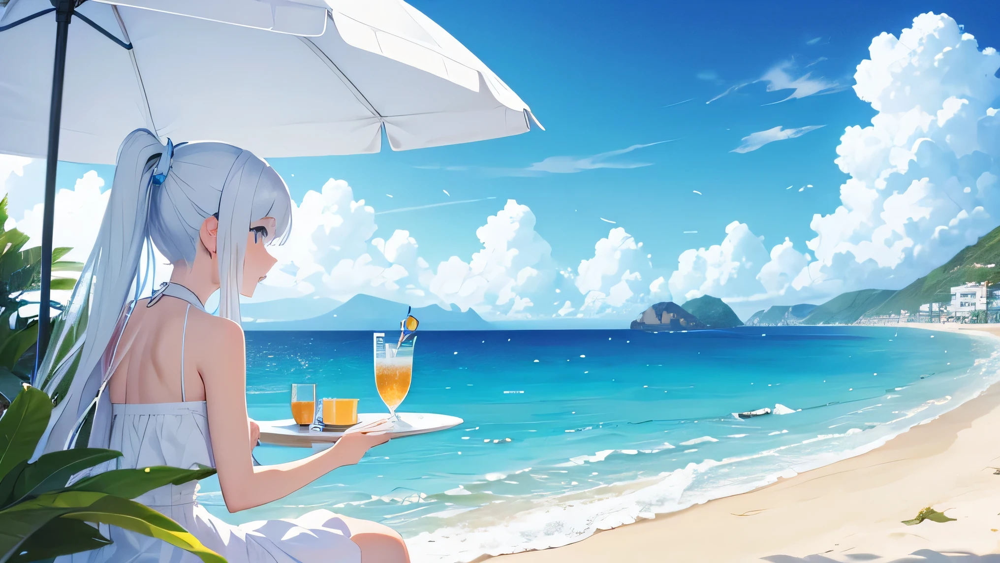 Seaside, girl looking at the sea, blue eyes, ponytail, White hair, White dress, Cafe, Profile, Beach,Beach parasol, Relax, tropical juice, aquamarine hair, water drop, blue ribbon, tropical plants