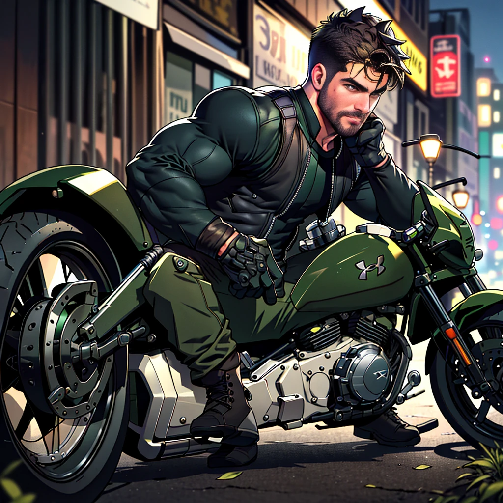 best qualtiy，tmasterpiece，serious-expression，Ultra-high resolution，detailed background，realistic lying，1 person，solo，MATURE male ，HANSOME HUNK ((((STEPHEN AMELL)))) riding a black GREEN  motorcycle，with short DARK BLOND hair，musculED AND BULGED，short detailed hair，WELL GROOMED Facial hair，Under Armour black tight fitness vest，black military boots，biker gloves，Realistic shadows and light，depth of fields，the night，neonlight，