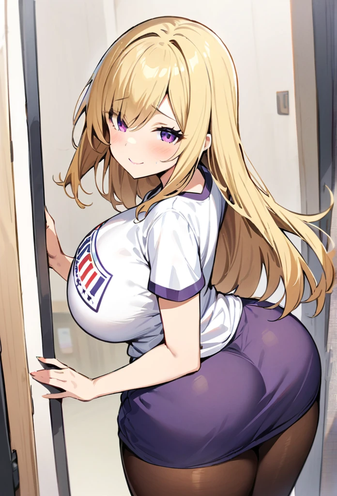 ((Best Quality)), ((masterpiece)), (detailed), 1 girl, Pastel yellow hair, Long hair, hair covers one eye, purple eyes, big breasts, big thighs, expression smiling shy, white voting t-shirt, purple skirt, brown pantyhose, looking at the viewer, view from behind, backward