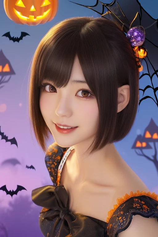 ((from below,upper body),a 22 years old japanese girl, detailed cutie face, beautiful detailed eyes, detailed dropped eyes, beautiful charming smile, extremely detailed face,slender,short hair,anime style, halloween costume:2.0), Highres fix,colorful lights, pumpkin decorations, haunted house, best quality, 4k, highres, masterpiece, realistic, photorealistic, photo-realistic, vivid colors, intricate details, fantasy, soft lighting, magical