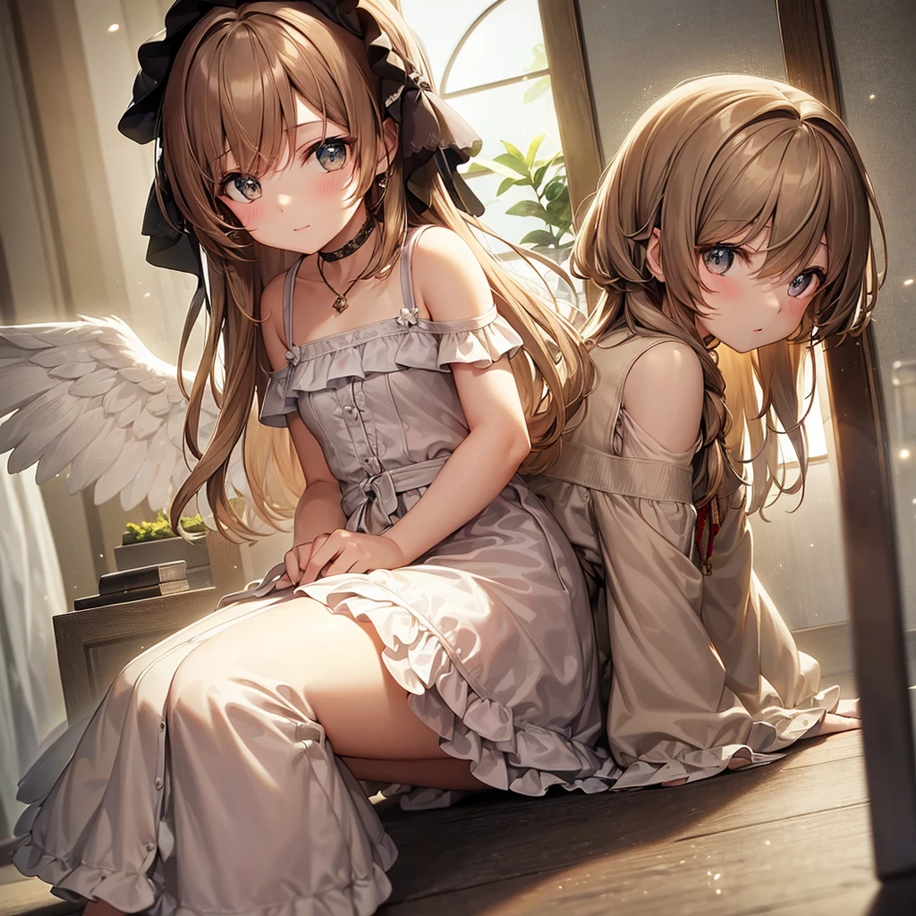 A angel dressed girl and she have short brided light brown colour hair.