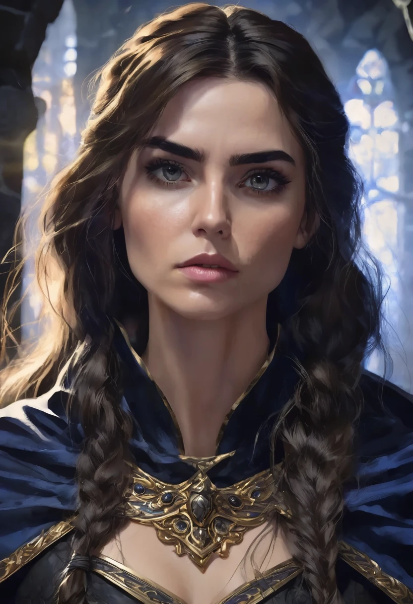 1 woman, she is a witch, inside a dark and gloomy castle made of stones, wearing black armor and a dark blue cape over it, detailed facial features, thick and messy eyebrows, feminine golden eyes, detailed tanned white skin, long dark brown hair in a side braid, dramatic lighting, cinematic composition, dark palette, dark colors, atmospheric haze, thin chin, serious face, serious face, slim body, somewhat beautiful woman (best quality, 4K, 8K, high resolution, art: 1.2), ultra detailed (realistic, photorealistic, photorealistic: 1.37)