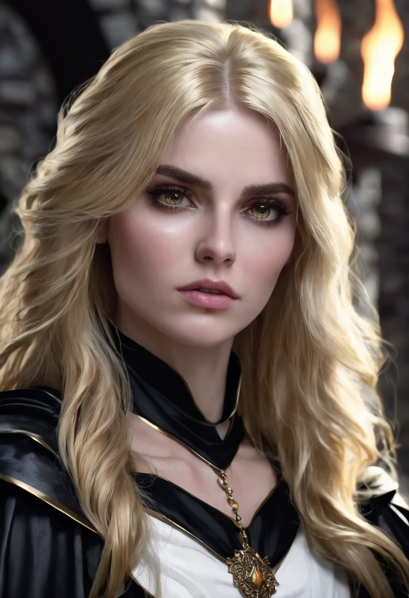 1 woman, she is a witch, inside a dark and gloomy castle made of stones, wearing simple black armor and a black cape over it, detailed facial features, feminine golden eyes, detailed white skin, long blonde hair, dramatic lighting, cinematic composition, dark palette, dark colors, atmospheric haze, thin chin, serious face, serious face, strong and beautiful woman (Best Quality, 4K, 8K, High Resolution, Art: 1.2), Ultra Detailed (Realistic, Photorealistic, Photorealistic: 1.37)