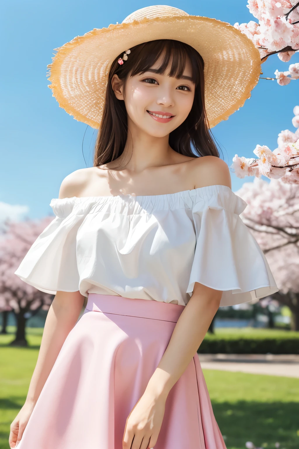 (Highest quality、Tabletop、8k、Best image quality、Hyperrealism)、Accurate anatomy、The best smile、(Face close-up:1.1)、(White off-the-shoulder blouse with large frills:1.2)、(Elegant and cute light pink flared skirt:1.2)、Blurry park background、Blurred cherry blossoms in full bloom、Are standing、(very bright and vivid:1.2)、(Bright and glowing skin:1.3)、(Beautiful sunny sky:1.2)、The perfect straw hat