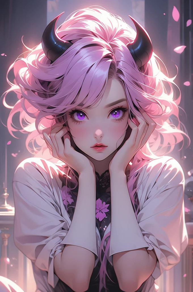 1gir, succubus, pink hair, violet eyes, crazy, hands covering face, crazy