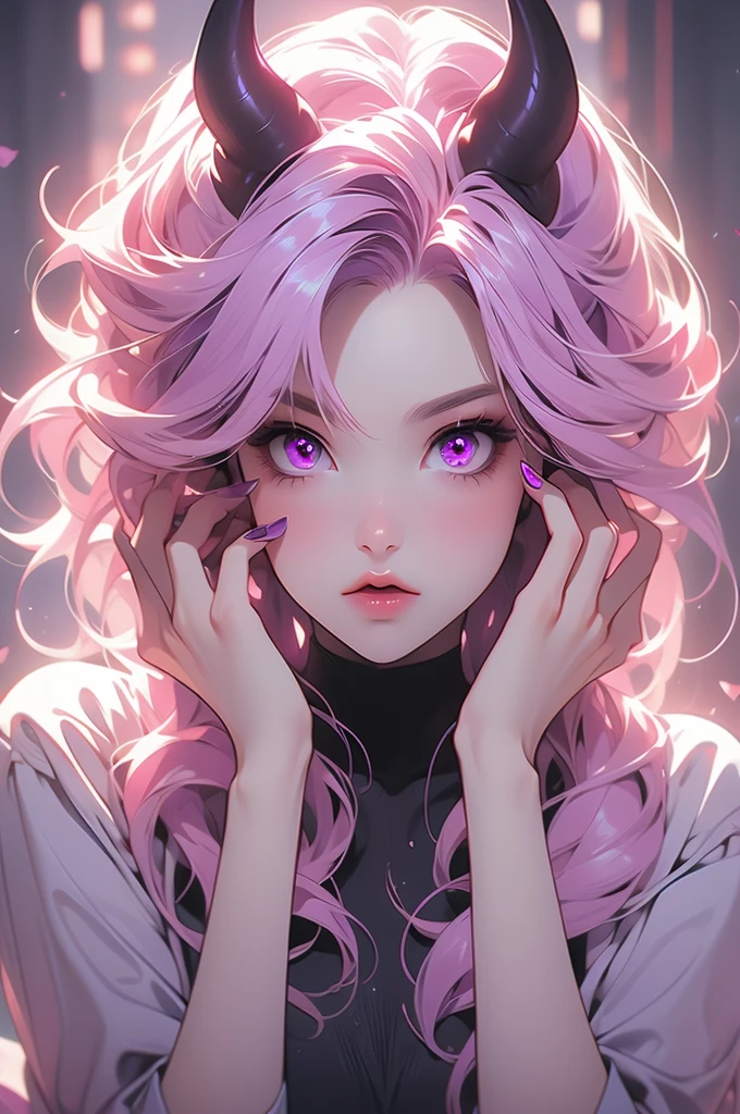 1gir, succubus, pink hair, violet eyes, crazy, hands covering face, crazy