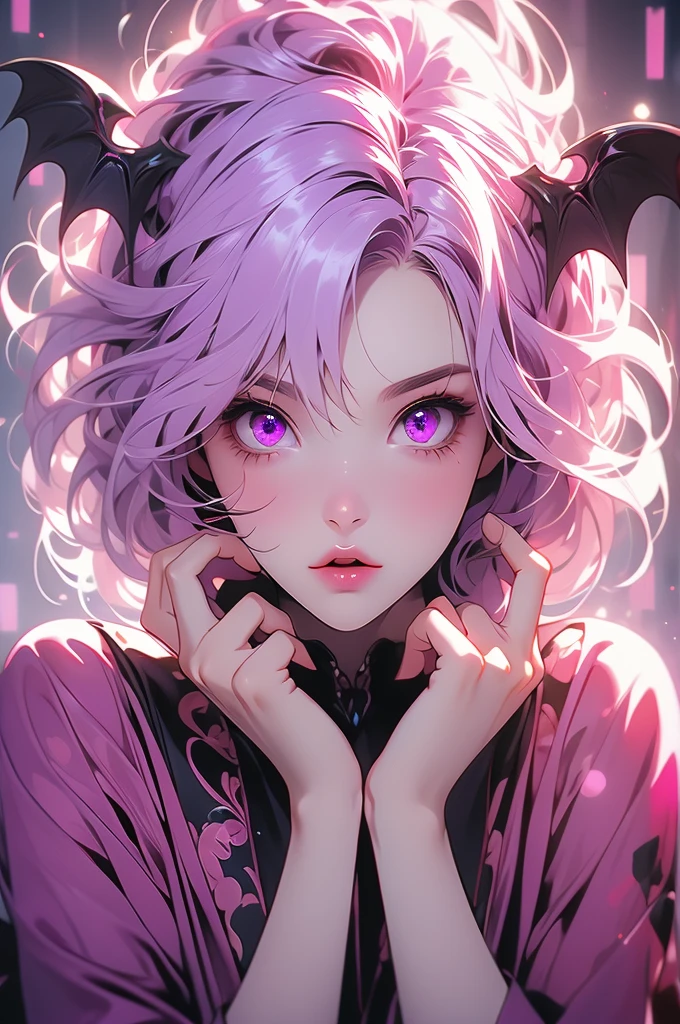 1gir, succubus, pink hair, violet eyes, crazy, hands covering face, crazy