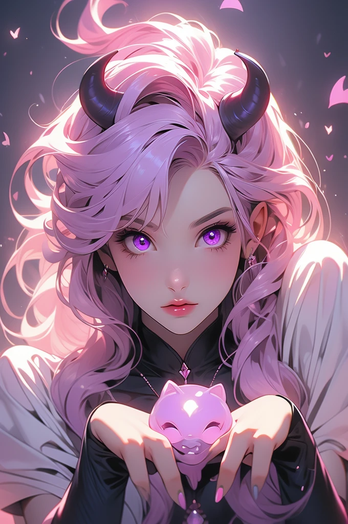 1gir, succubus, pink hair, violet eyes, crazy, hands covering face, crazy