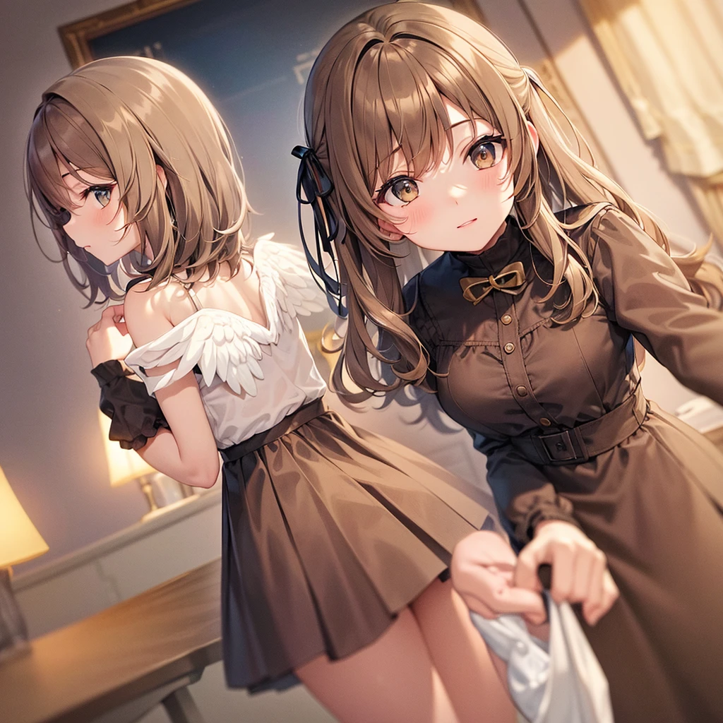 A angel dressed adult girl and she have short brided light brown colour hair.