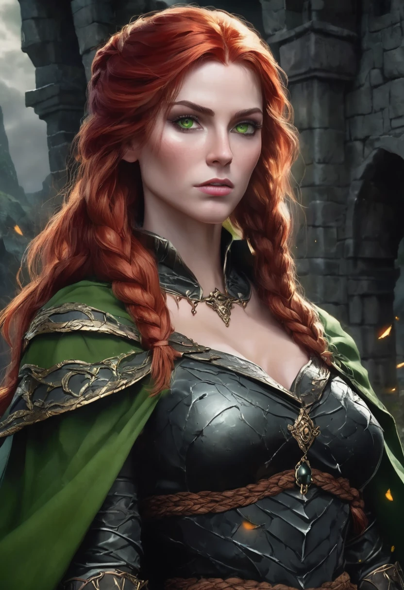 1 woman, she is a witch, inside a dark and gloomy castle made of stones, wearing simple black armor and a green cape over it, detailed facial features, feminine golden eyes, detailed white skin, long red hair in a braid, dramatic lighting, cinematic composition, dark palette, dark colors, atmospheric fog, thin chin, serious face, serious face, strong and beautiful woman (Best Quality, 4K, 8K, High Resolution, Art: 1.2), Ultra Detailed (Realistic, Photorealistic, Photorealistic: 1.37)