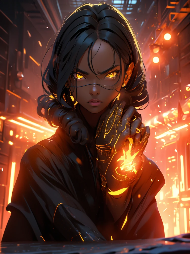 (super detaill), High details, high qualiy, 8k, (work of art), best qualityer, darkskin, black female, Symmetrical, Bblack hair, face perfect, intricate hair, side hair tie, black jersey, mommy dom, dominant figure, presumptuous, Intimidating Enforcer, chilly, great shading, mysterious figure, yellow sea beast armor, shielding coating.