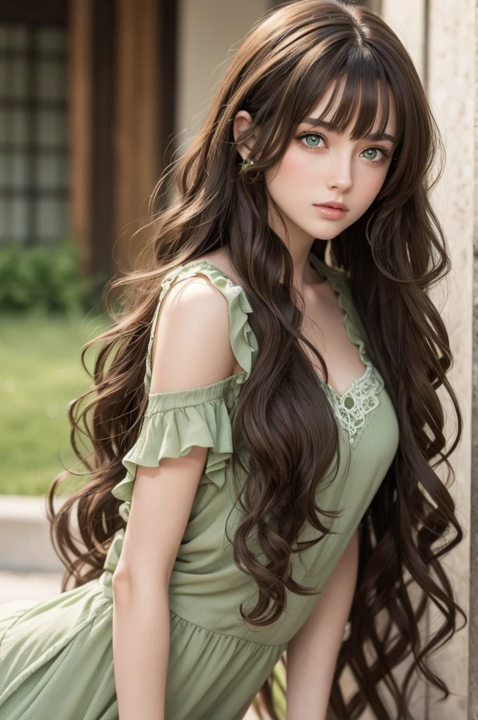 Brunette character with green eyes and long curly hair