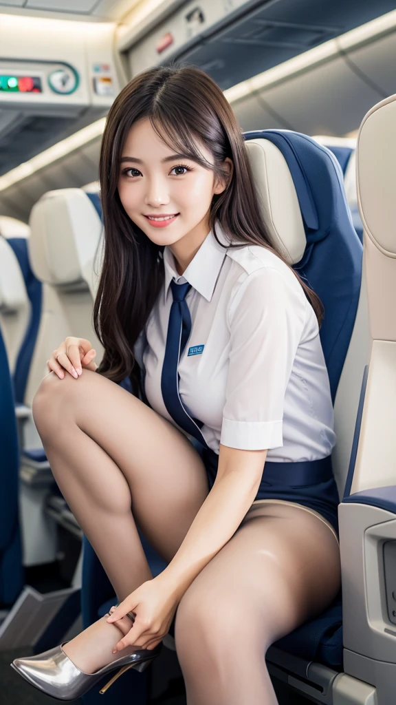 sexy woman in flight attendant uniform、jaw-dropping beauty, clear image, beautiful face, Try on surreal pantyhose、Sit cross-legged on an airplane..、smile、high heel、gambling_nffsw, table top, best quality, light reality, RAW photographer、8k, high resolution, detailed skin, 8k, Ultra HD, digital SLR camera, soft lighting, high quality, film grain, Fujifilm XT3, realistic skin texture、glowing skin、thighs exposed!!!