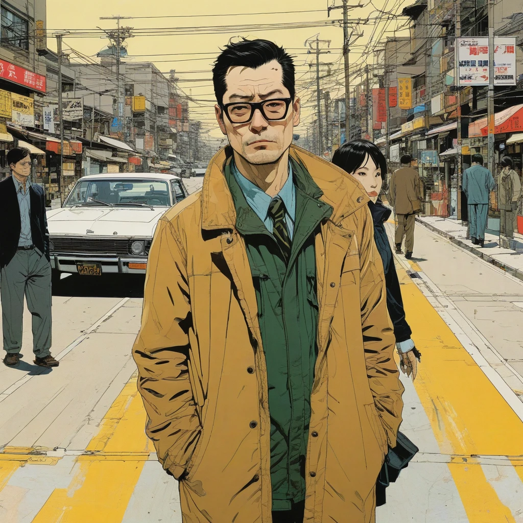 by Adrian Tomine and Yoji Shinkawa, (flawless , glossy , masterful:1.4), poster art, bold lines, hyper detailed, expressive, award winning, (scenery:1.4), (intricate details, masterpiece, best quality:1.4),
looking at viewer, dynamic pose, wide angle view, dark limited palette, dramatic lighting,