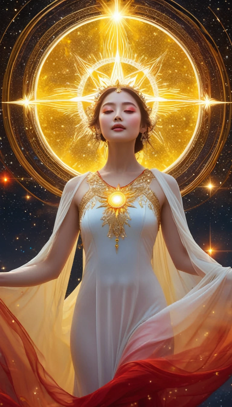Visualize the vast astral world, Glowing with soft star-like yellow and red light, Soaring endlessly. At the center of this celestial landscape、There is a dignified woman, Shiny white body, Exudes profound power and charm. Beautiful Face, Beautiful Eyes, Characterized by distinctive and shining attributes, It&#39;s like being gently connected to the astral system.. The bottom half changes to a darker color, A vaporous essence drifting like a comet&#39;s tail, Blending with the colors of the stars. This portrait is、Designed to capture the majestic presence of a being in perfect harmony with the universe。, The embodiment of the surreal and mystical.