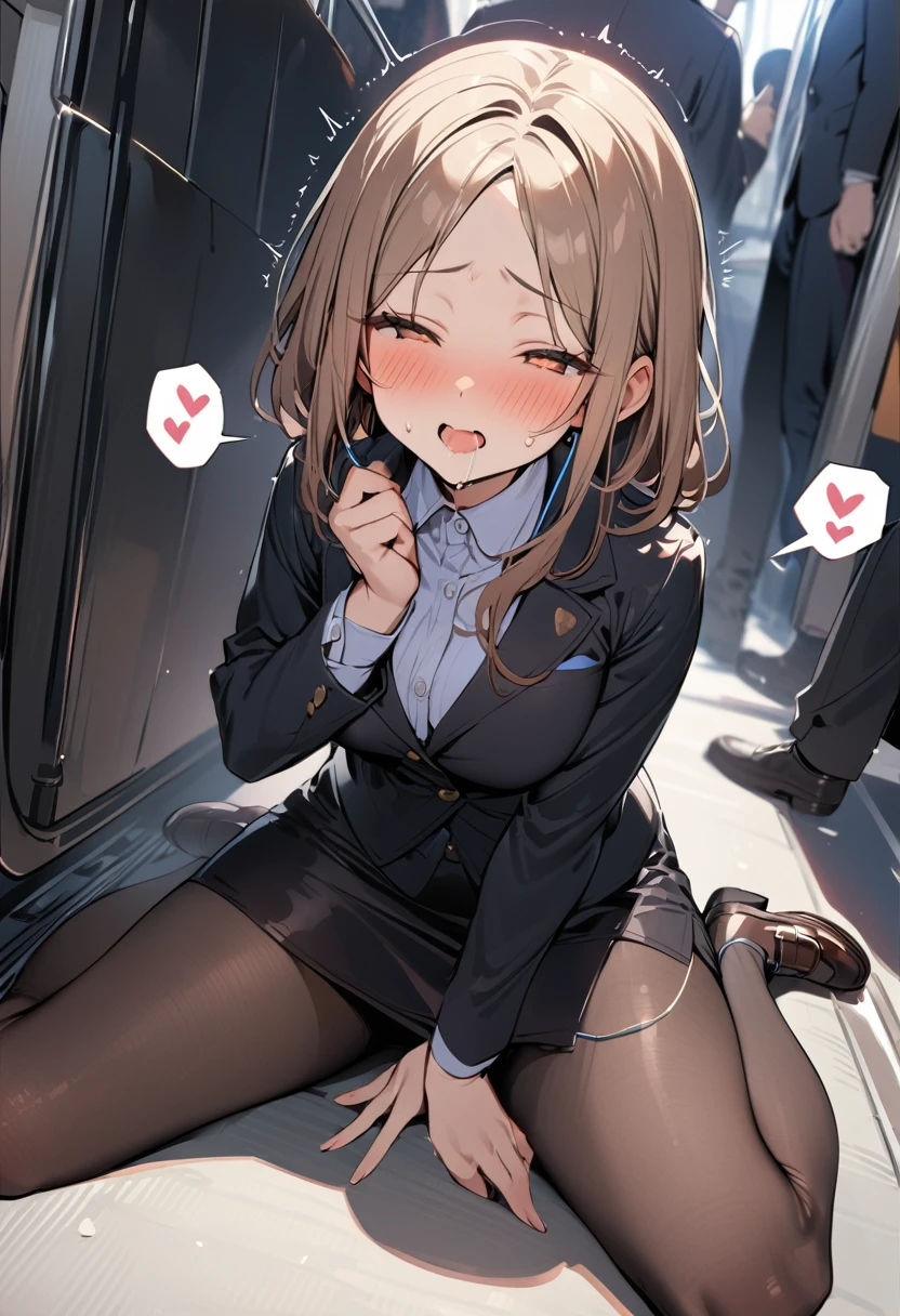 (masterpiece, best quality:1.5), (high resolution 8K), detailed eyes and face, detailed body,
BREAK 1 girl, bob, center part, forehead, brown hair, brown eyes,
BREAK (blush:1.3), embarrassed, closed eyes, open mouth, saliva trail, sweat,
BREAK office lady, (black skirt, pencil skirt, long sleeves, pantyhose, black jacket, loafers:1.1), sitting on the floor, wariza, on the train, crowded,
BREAK motion lines, tareme, orgasm, half-closed eyes, spoken heart, trembling, pant sound effect, from above,
BREAK earphones, sound from earphones,