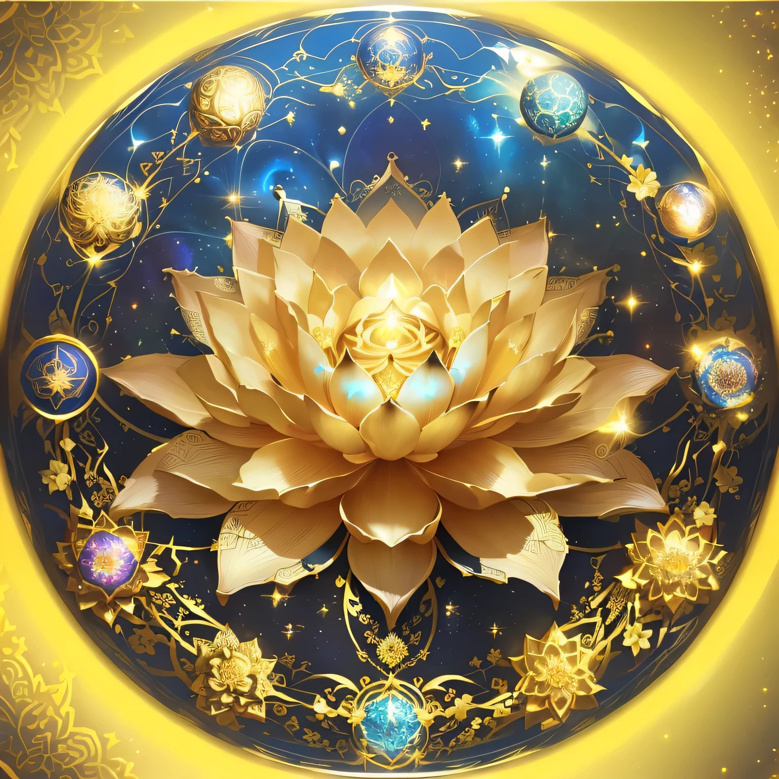 A golden flower on a blue background,It has gold decorations on it, lotus mandala, ornate gilded cosmic machine, ornate galactic gold, Gilded Lotus Princess, The colorful ultimate moon gate of the universe, Lotus, floating symbols and crystals, Shining golden halo, Sacred fractal structures, Any Chakra, Golden sacred tree, mystical cosmic messenger, psychedelic floral planets
