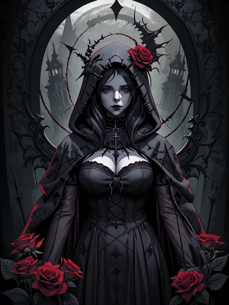 a woman with a hood and roses in her hair, dark fantasy style art, in style of dark fantasy art, gothic fantasy art, dark fantasy art, dark fantasy art, gothic maiden, she is the queen of black roses, dark fantasy mixed with realism, dark fantasy style, gothic maiden of the dark, gothic art, Dark digital art, but detailed, dark fantasy artwork