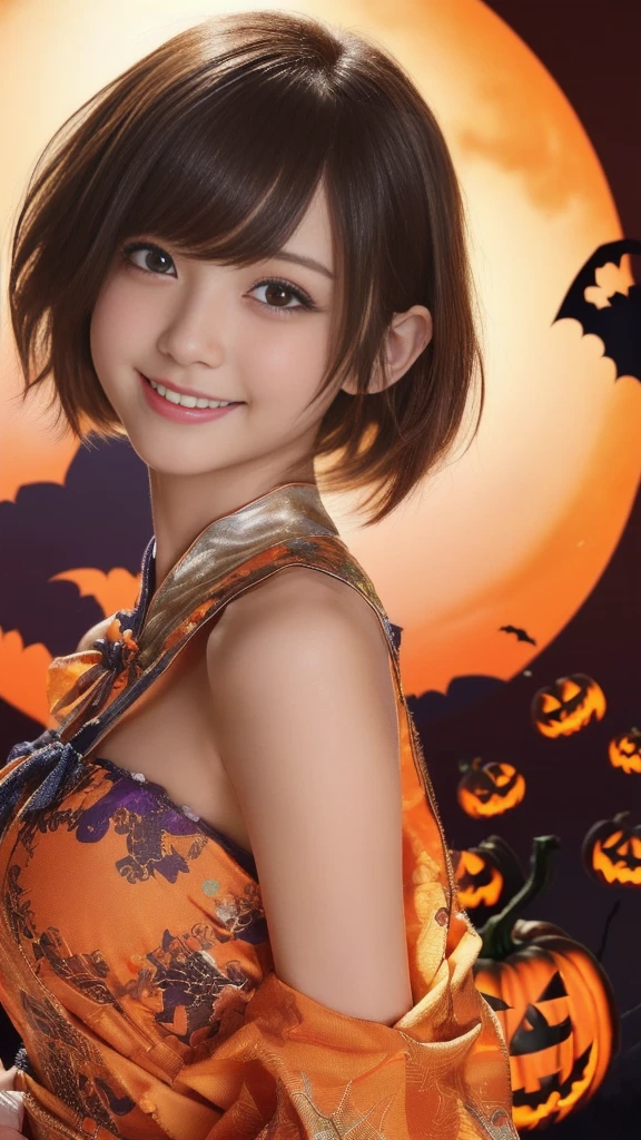 ((from below,upper body),a 22 years old japanese girl, detailed cutie face, beautiful detailed eyes, detailed dropped eyes, beautiful charming smile, extremely detailed face,slender,short hair,anime style, halloween costume:2.0), Highres fix,colorful lights, pumpkin decorations, haunted house, best quality, 4k, highres, masterpiece, realistic, photorealistic, photo-realistic, vivid colors, intricate details, fantasy, soft lighting, magical