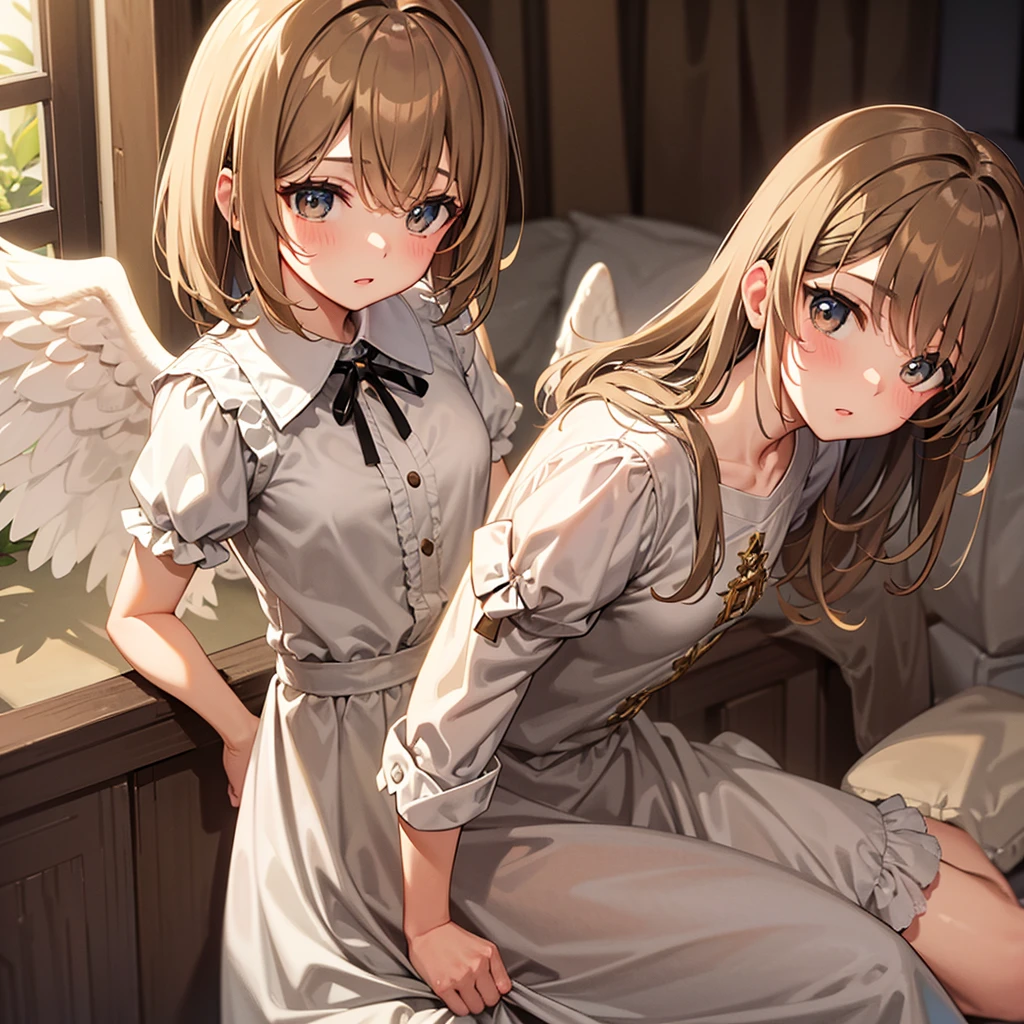 A angel dressed adult girl and she have short brided light brown colour hair.