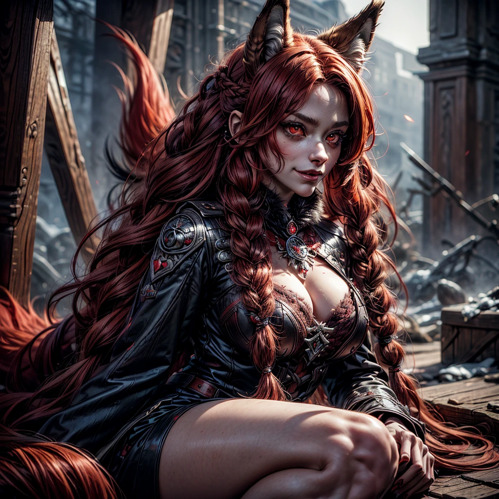 [Best quality, shaded, extreme detail, very detailed, Ultra detailed, difficult, realistic], wolf woman, wolf girl, full length portrait, Full fur, red fur, Full Tail, Red hair, straight hair, braided hair. , brooch in hair, brooch with flower, Almond-shaped eyes, Red eyes, Intimidating Smile, A sinister look, Viking style demonic clothing