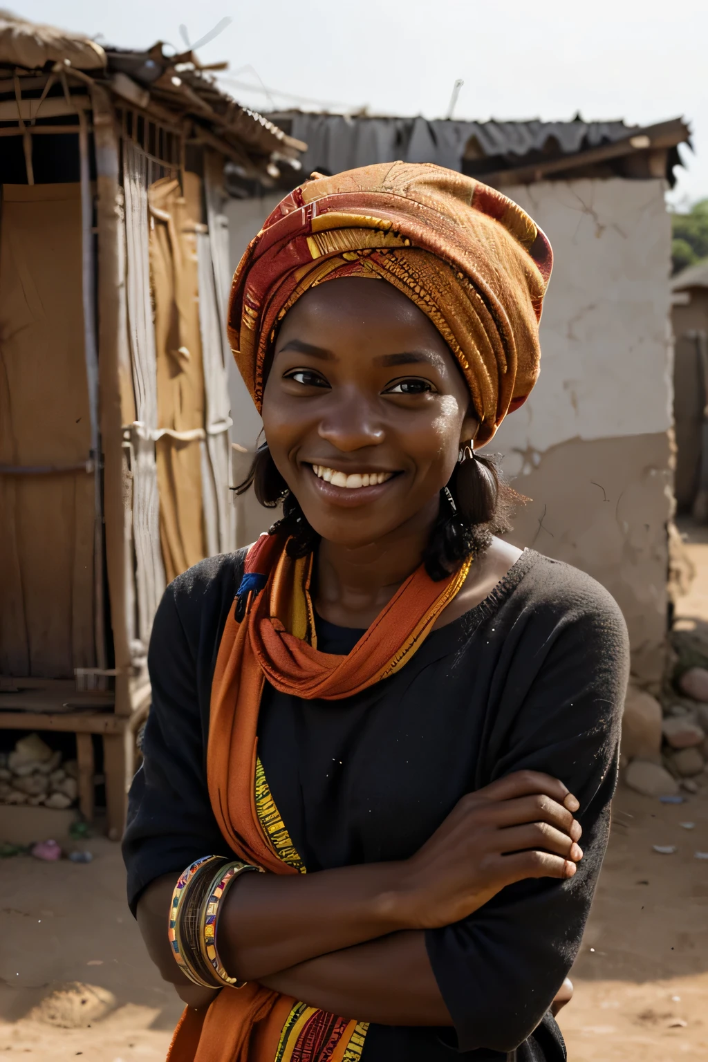 A Black woman wearing a vibrant African turban, with a warm and genuine smile, despite her surrounding conditions of poverty. She is dressed in simple and somewhat worn clothes, but her smile reflects inner joy and resilience. The background shows a modest environment, perhaps a simple house or a street in a disadvantaged community, with details reflecting economic hardship, but the main focus is her positive and vibrant expression.