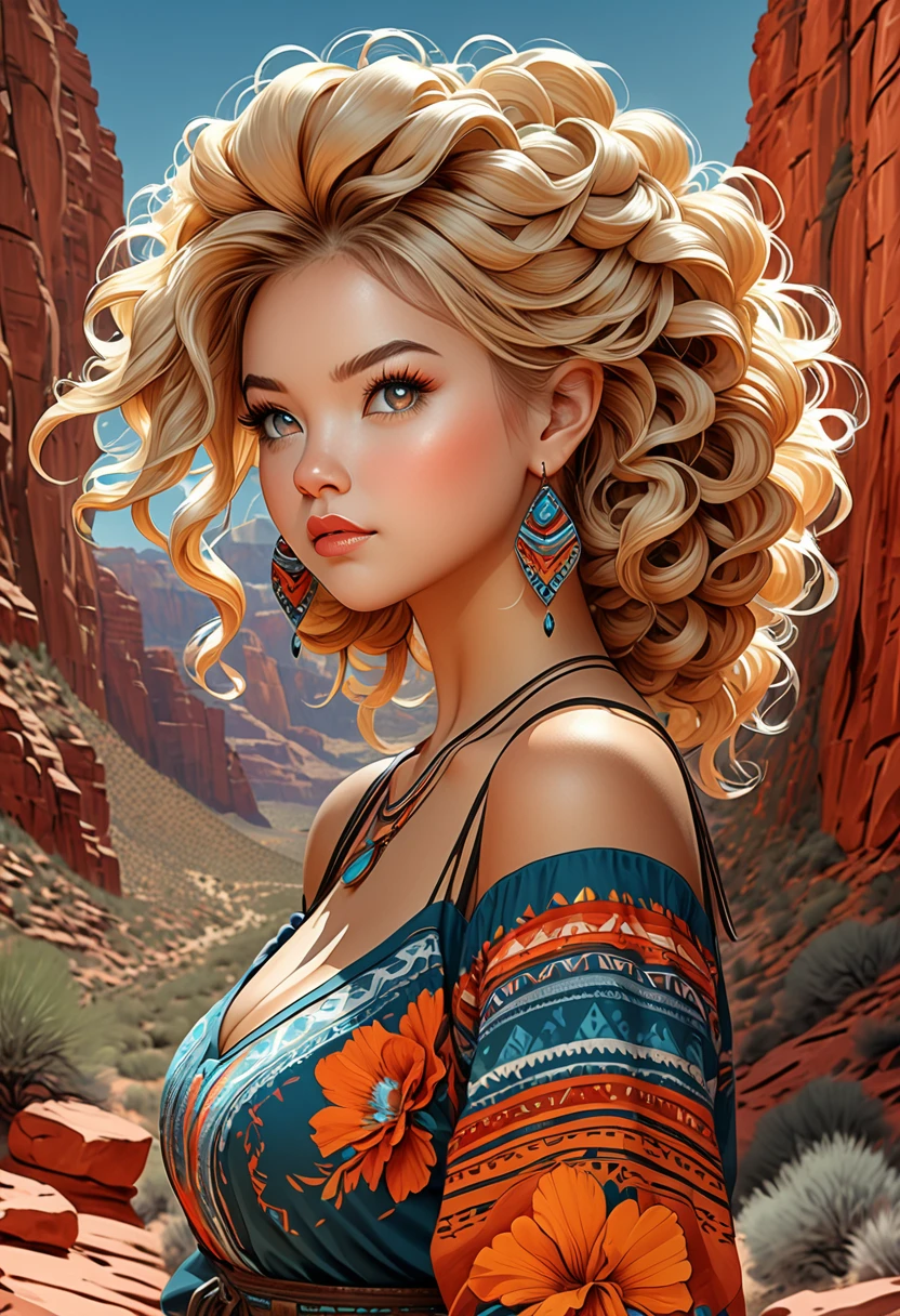Thirst trap photo of a beautiful gnome women. Southwestern vibe and dress. Southwestern earrings, and jewelry. Her blonde hair is coarse, wiry, tightly curled, and densely packed, with a rough texture prone to frizz and tangling. official art is an award-winning digital masterpiece in 4K Ultra HD, featuring extreme detail and intricate realism. It combines the artistry of Wlop and Artgerm in a stunning 2D vector illustration. She has huge firm, perky, v symmetrical, and spherical breasts. The background showcases a beautiful panoramic vista of a red rock canyon.