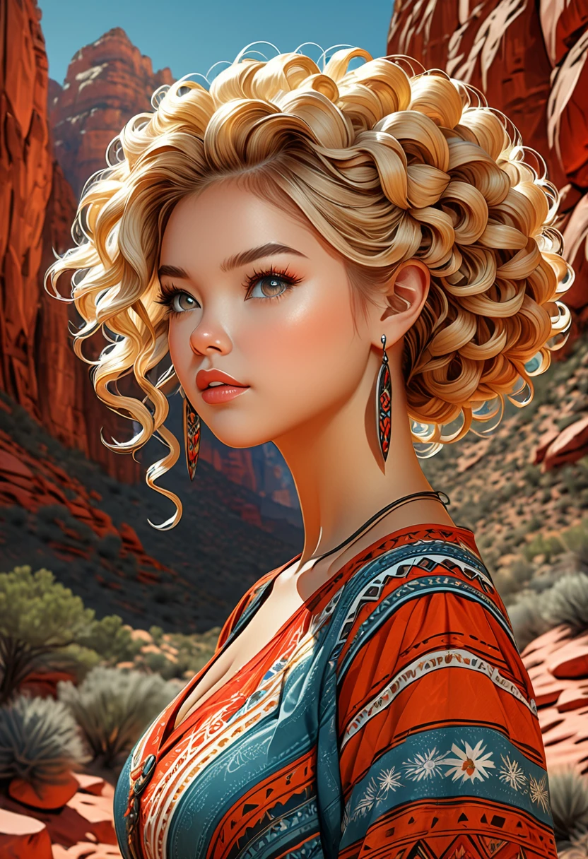 Thirst trap photo of a beautiful gnome women. Southwestern vibe and dress. Southwestern earrings, and jewelry. Her blonde hair is coarse, wiry, tightly curled, and densely packed, with a rough texture prone to frizz and tangling. official art is an award-winning digital masterpiece in 4K Ultra HD, featuring extreme detail and intricate realism. It combines the artistry of Wlop and Artgerm in a stunning 2D vector illustration. She has huge firm, perky, v symmetrical, and spherical breasts. The background showcases a beautiful panoramic vista of a red rock canyon.