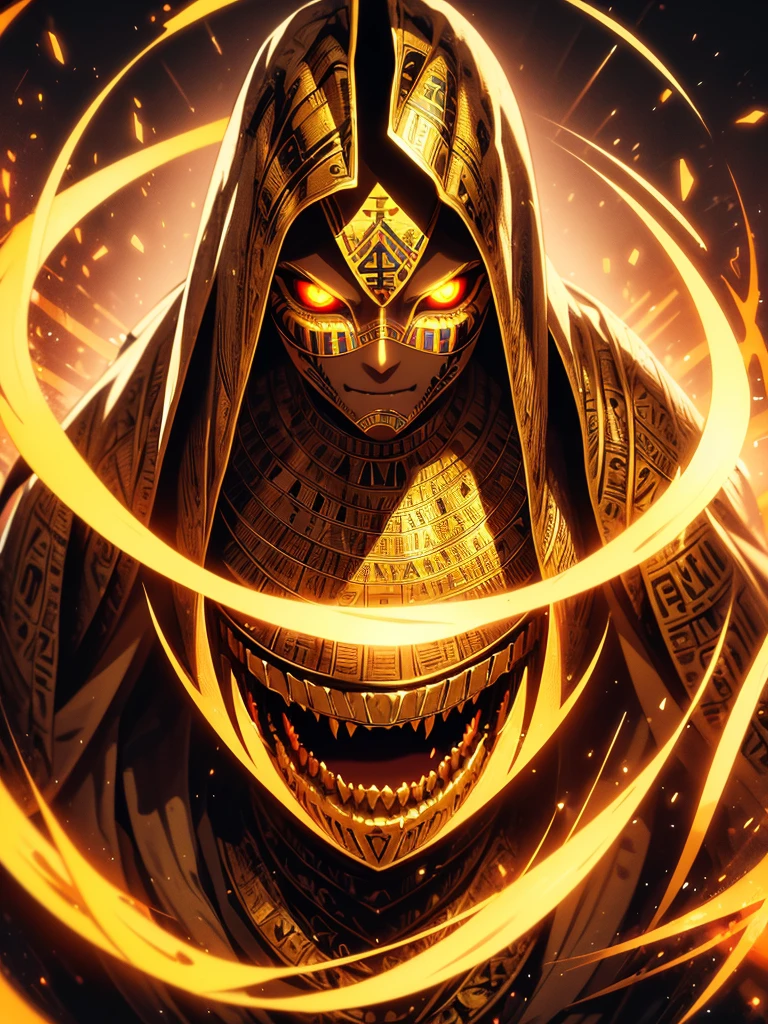 "(best quality,highres),close-up of a mummy's face,covered in bandages with golden hieroglyphics,(detailed:1.1),(vivid and intense colors:1.1),(realistic:1.1) graphic art style,terrifying,eye sockets with glowing golden eyes,detailed wrinkles, dark circles under the eyes"