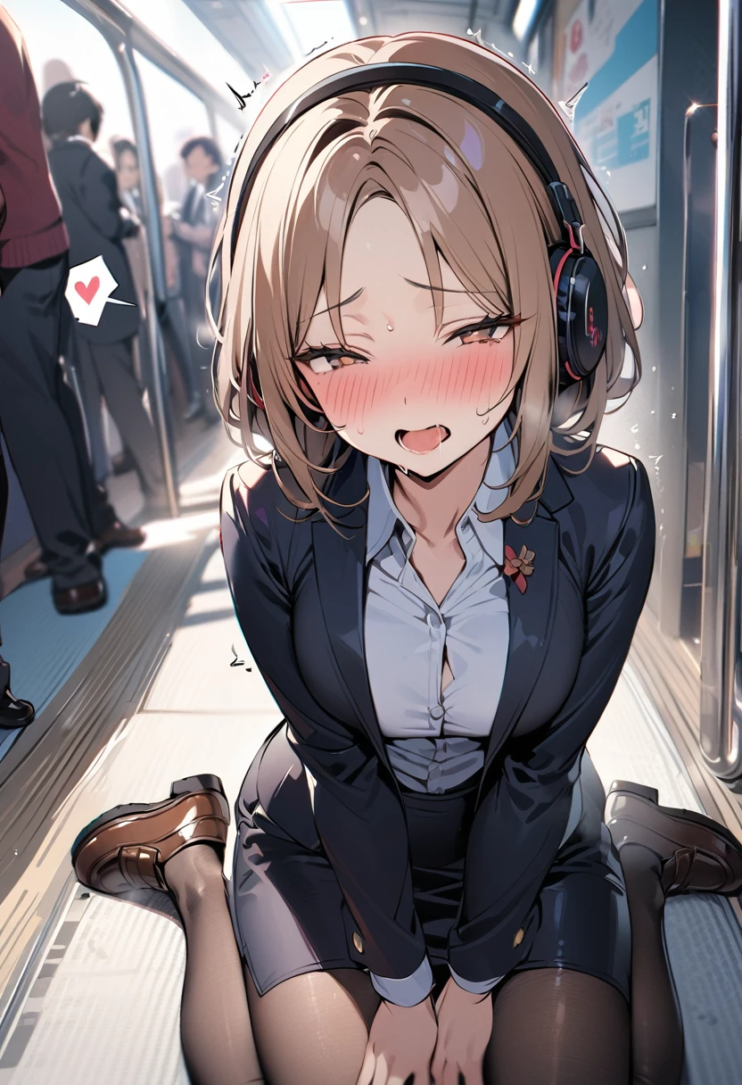 (masterpiece, best quality:1.5), (high resolution 8K), detailed eyes and face, detailed body, 
BREAK 1 girl, bob, center part, forehead, brown hair,  brown eyes, 
BREAK (blush:1.3), embarrassed, closed eyes, open mouth, saliva trail, sweat, 
BREAK office lady, (black skirt, pencil skirt, long sleeves, pantyhose, black jacket, loafers:1.1), sitting on the floor, wariza, on the train, crowded, 
BREAK motion lines, tareme, orgasm, half-closed eyes, spoken heart, trembling, pant sound effect, from above, 
BREAK headphones, sound from headphones, 