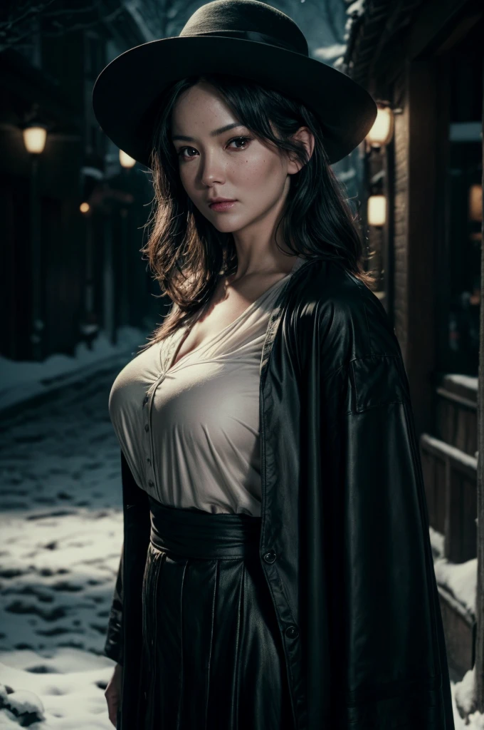 A mature woman in realistic portrait of high quality and detail, movie style, mature face, 43 years old, She has long black hair with short bangs, black eyes, pale skin, asian girl, She is wearing a white blouse, a short black cut-out skirt, black shoes, a black raincoat and a wide-brimmed black hat, medium breast, curvy, milf, blushing red face, mole on her face, dramatic look, glow, eye shadow, 1girl, Depth & Perspective, melancholic face, fine face, She's standing in the japanese street, outdoors, snow on background, winter, night time, looking at viewer, (ultra-high detail:1.2), Masterpiece, Best Quality, Ultra-detailed, Cinematic lighting, 8K, delicate features, cinematic, 35 mm lens, f/1.9, highlight lighting, global lighting –uplight –v 4, cinematic, Cinematic lighting, 8K, high quality, Highest Quality, (Solo Focus), (extremly intricate:1.3), (Realistic), masterful, Analog style, (Film grain:1.5), (cold tone),