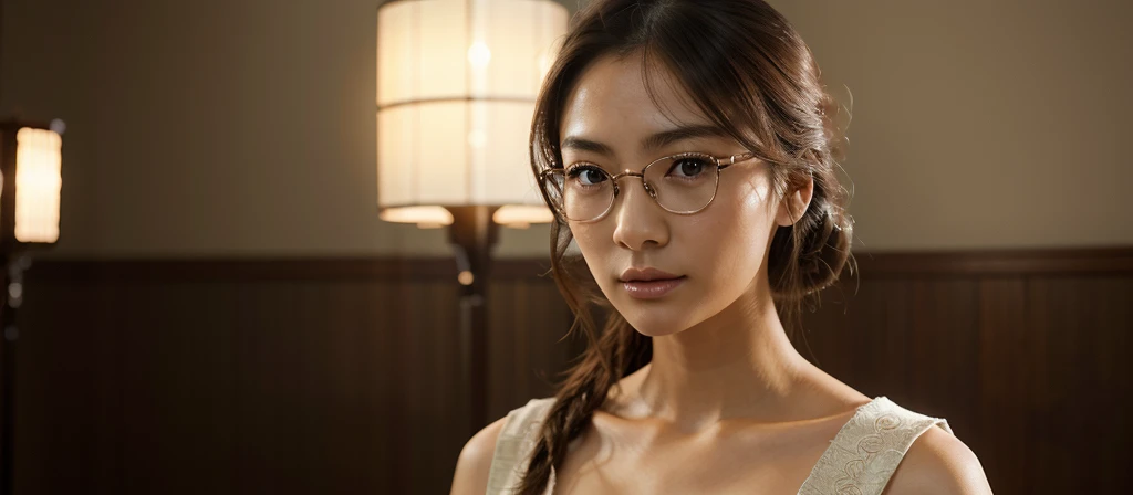 a beautiful japanese woman, extremely detailed eyes and face, long eyelashes, elegant pose, professional portrait photography, natural lighting, realistic colors, cinematic, ultra-detailed, 8k, photorealistic, masterpiece, intricate details, dramatic lighting, elegant, graceful, serene, focused, confident, charming, fashionable, wearing glasses, cosplay, self-portrait, playful, alluring, sophisticated, captivating