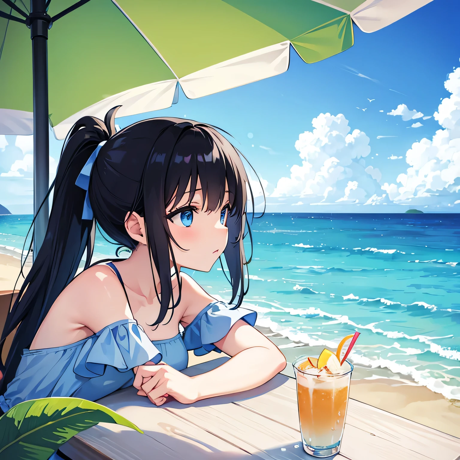 Seaside, girl looking at the sea, blue eyes, ponytail, black hair, White dress, Cafe, Profile, Beach,Beach parasol, Relax, tropical juice, aquamarine hair, water drop, blue ribbon, tropical plants