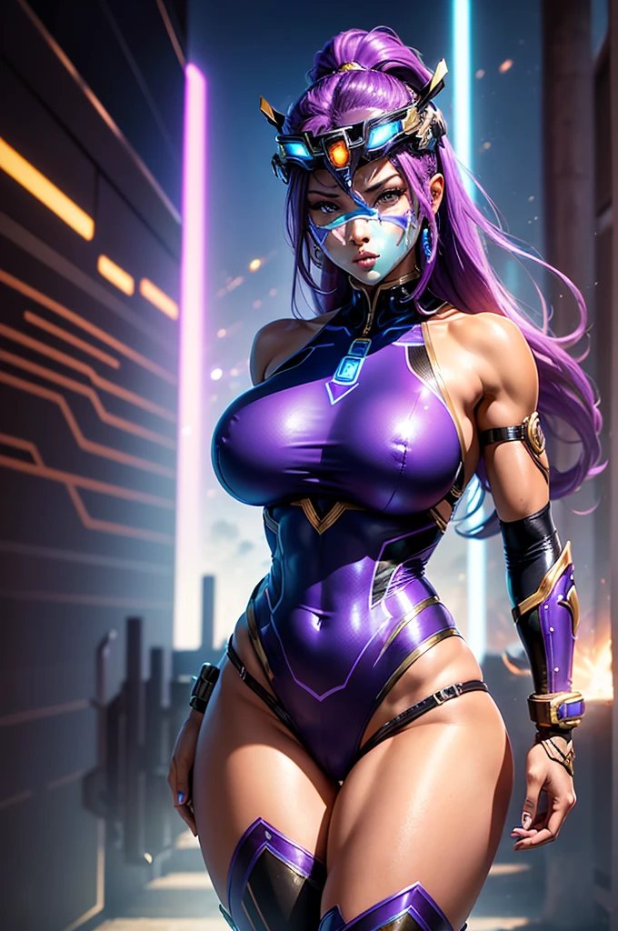 A perfect sexy and beautiful, exuberant and very young cybernetic android warrior with black African and oriental features, Japanese and Chinese, mixed with the clone of the Greek warrior goddess Athena, with huge super ultra mega giant breasts, Brunetette, very thin waist, very tanned and sweaty, huge ass, steep, HARD AND MUSCULOUS, Purple colored eyes, with barcode tattoos, transformed into a super sensual and extremely super ULTRA HIPER muscular astronaut goddess, fitness, bodybuilder, fit bodybuilder and weightlifter, very muscular thighs wearing very short punk style hair, super radical and purple and very smooth in locks, wearing sexy cyberpunk battle outfits, seen in the form of a hologram made only of light energy, coastal view, administrator and leader, queen goddess of a gigantic fleet of thousands of spaceships and hundreds of planets of her powerful stellar empire running courageously across the bridge of a star cruiser wearing a holographic helmet in the Corinthian battle format with a visor and horsehair topknot, of luminous Athenian warrior, electronic and futuristic posing extremely sexy