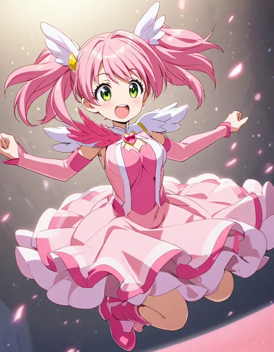 cure pink(tall-height, middle breast, pure pink hair, wing hair accessory, feather motif shoulder opening, forearms sleeves, pink dress skirt, pink boots), jumping