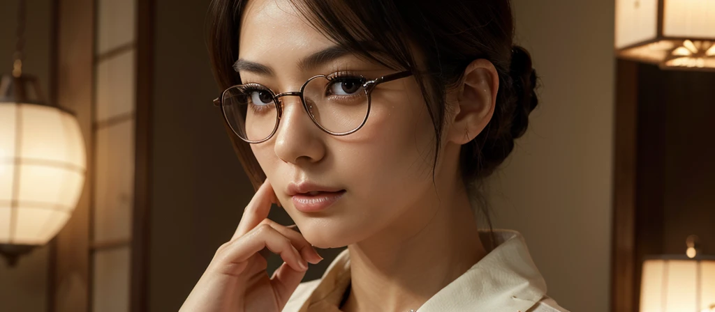 a beautiful japanese woman, extremely detailed eyes and face, long eyelashes, elegant pose, professional portrait photography, natural lighting, realistic colors, cinematic, ultra-detailed, 8k, photorealistic, masterpiece, intricate details, dramatic lighting, elegant, graceful, serene, focused, confident, charming, fashionable, wearing glasses, cosplay, self-portrait, playful, alluring, sophisticated, captivating