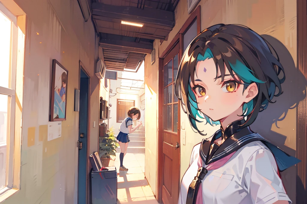 (high-quality, breathtaking), young girl, short hair, brown hair, brown eyes, hold a camera, taking a photo of a boy, . School background, corridor